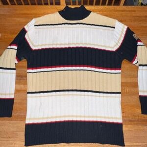 Vtg South Pole Men Medium Striped Y2K Mock Neck Ribbed Knit Pullover Sweater